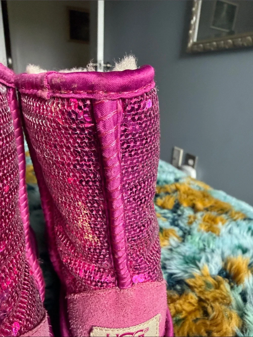 UGG Girls Pink Sequin Faux-Fur Lined Boots